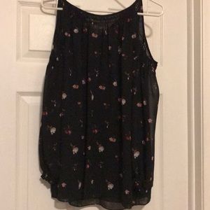 Cold shoulder floral top with sheer arm sleeves